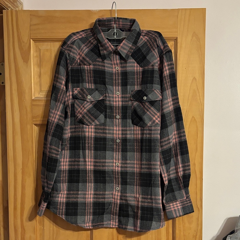 Plaid Button-Up Shirt - Black and Pink